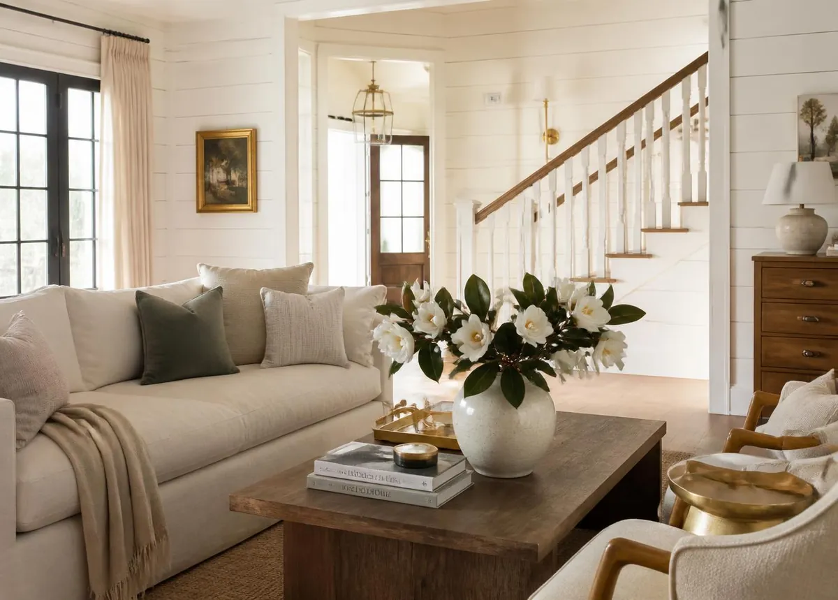 Sunlit, immaculately clean Durant living room with white magnolias